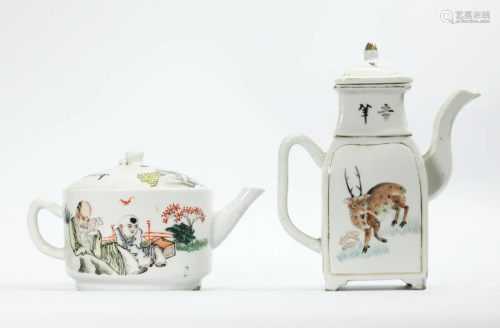 2 Chinese Artist Painted Porcelain Teapots