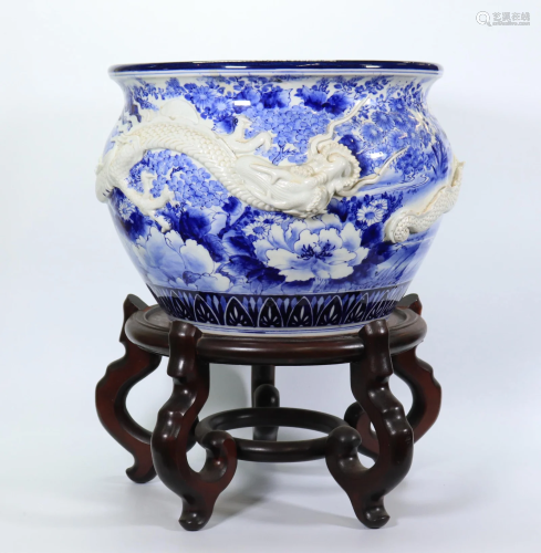 Japanese Blue & White Porcelain Dragon Fish Bowl