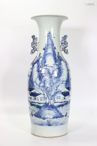 Lg Chinese Blue & White Porcelain Landscape Vase