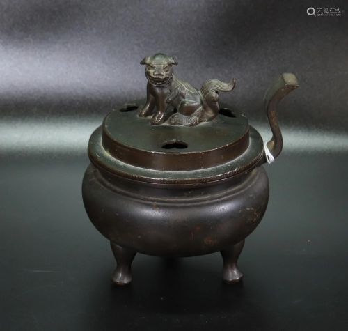 Chinese 19th C Bronze Incense Burner & Cover