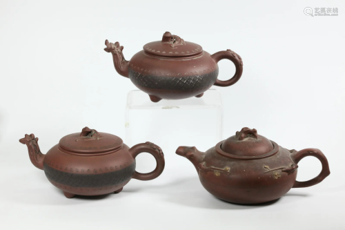 3 Chinese Yixing Teapots; Prunus & 2 Qilong Design