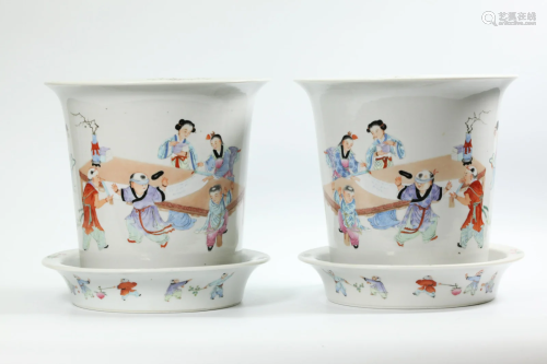 Pair Chinese Rose Porcelain Planters & Trays