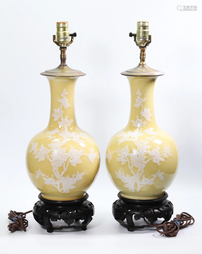 Pair Chinese Yellow & White Slip Porcelain Vases