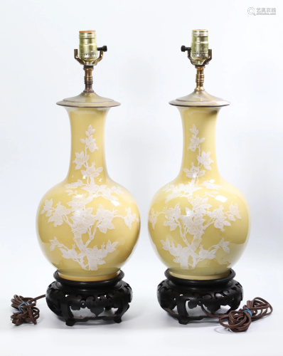 Pair Chinese Yellow & White Slip Porcelain Vases