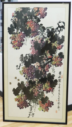 Yuan Hong; Chinese Ink Color Painting Bees&Grapes