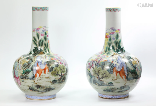 Lg Pr Chinese Famille Rose Porcelain Tianqiu Vases