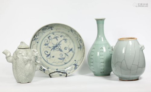 3 Chinese Porcelains; 1 Korean Inlaid Bottle Vase