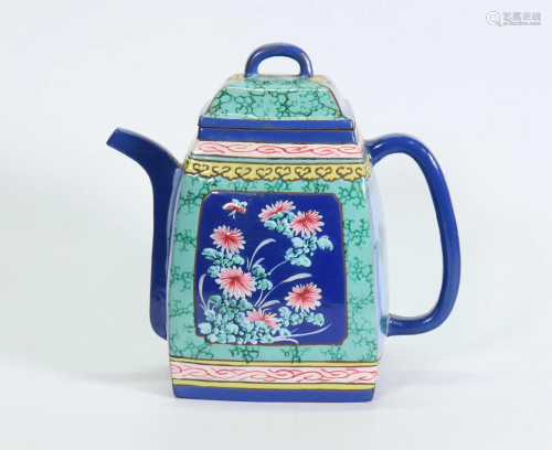 Fine Chinese 19th C Yixing Enameled 4 Sided Teapot
