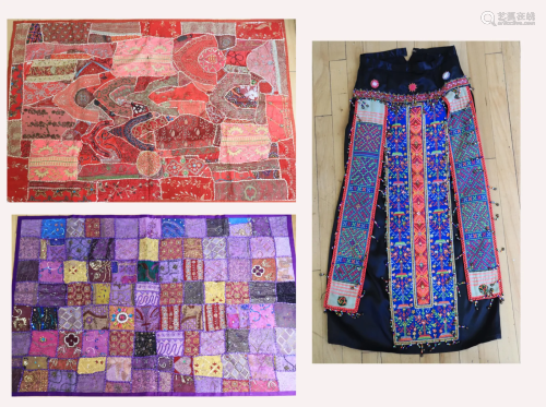 3 South East Asian Embroideries; Skirt & 2 Quilts
