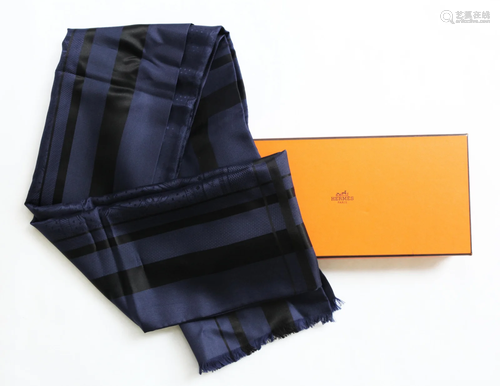 Authentic Hermes 100% Silk Men's Blue-Black Scarf