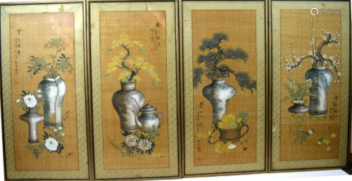Set of 4 - Chinese Paintings on Grass; 4 Seasons