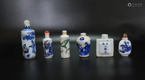 6 Chinese Qing Dynasty Porcelain Snuff Bottles