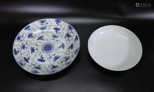 Chinese Qing Blue & White Porcelain Plate; & Anhua