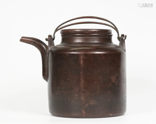 Chinese Dark Clay Yixing Bronze Handle Teapot