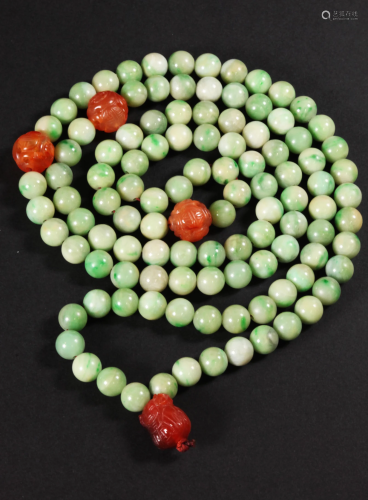 Chinese Qing 108 Jadeite & 4 Carnelian Bead Rosary