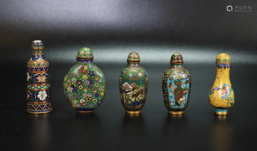 5 Chinese Qing Cloisonne on Bronze Snuff Bottles