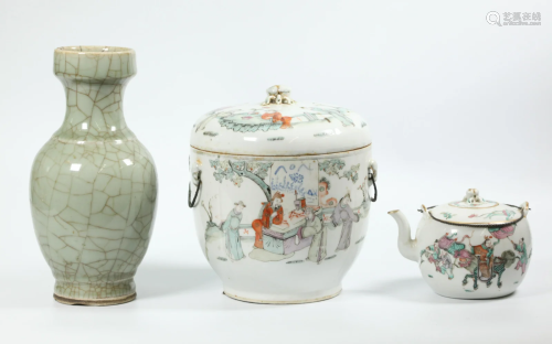 3 Chinese 19th C Porcelains; 2 Enameled 1 Celadon