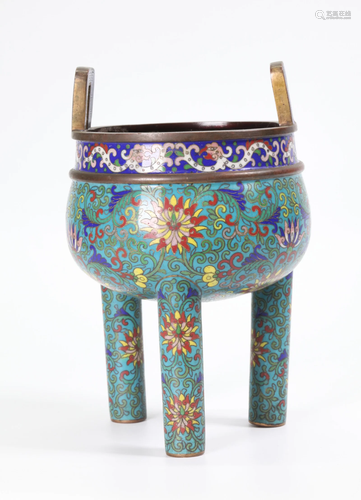 Fine Chinese 19th C Gilt Bronze & Cloisonne Censer