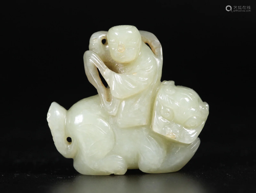 Chinese Pale Celadon Jade Lohan & Fu Lion Toggle