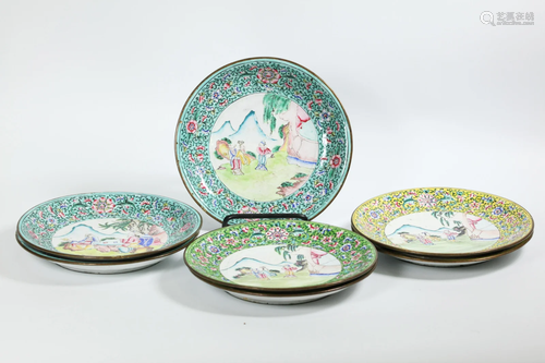 7 Chinese Canton Enamel on Bronze Plates