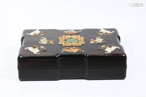 Chinese Inlaid Hard-Stone Black Wood Scholar Box