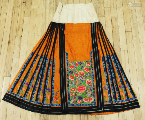 Chinese Pleated Orange Embroidered Panel Skirt