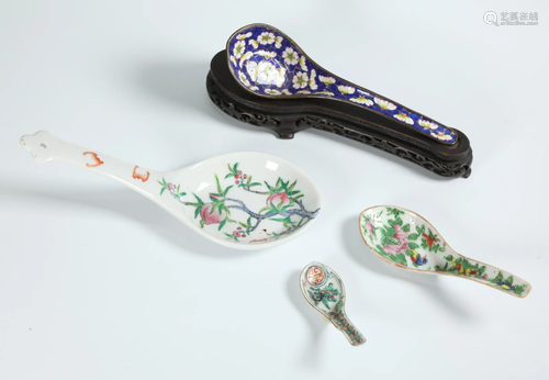 Chinese Canton Enamel Prunus & Ice Spoon & Stand