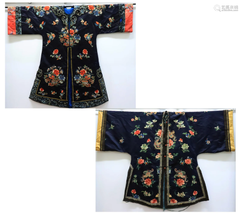 2 Chinese Qing Dynasty Embroidered Silk Coats