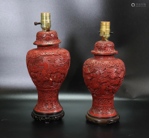 2 Chinese Carved Cinnabar Red Lacquer Temple Jars