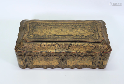 Chinese 19th C Gold & Black Lacquer Rectangle Box