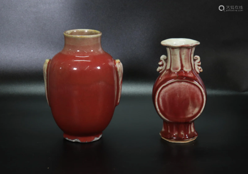 2 Chinese Qing Dynasty Red Crackle Porcelain Vases