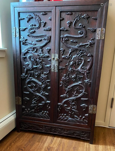 Chinese Black Hard Wood Double Door Dragon Cabinet