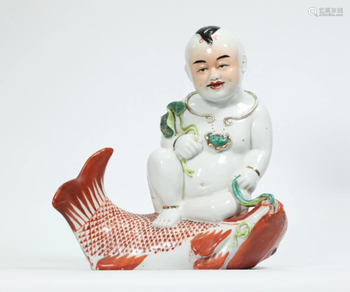 Chinese Enameled Porcelain Baby Boy on Carp