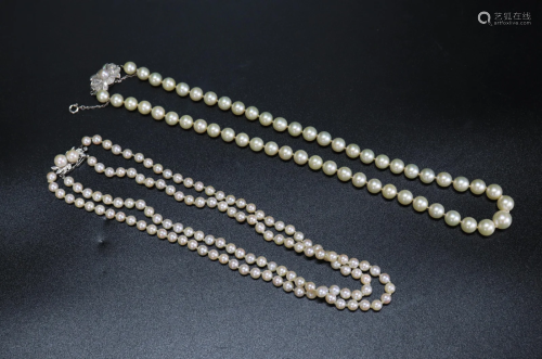 2 Vintage Cultured Pearl Necklaces Diamond Closure