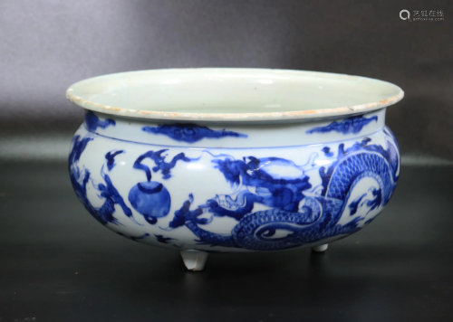 Chinese Kangxi 17 C Blue & White Porcelain Censer