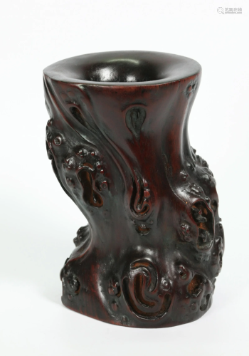 Chinese Carved Black Wood Log Section Brush Pot