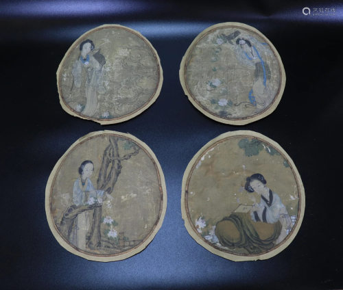 4 Chinese 18th/19th C Moon Fan Paintings on Silk