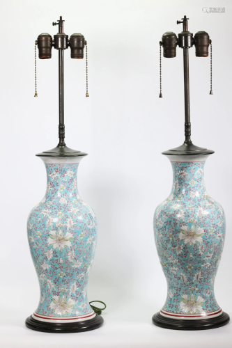 Pr Chinese Enamel Porcelain Floral Vases