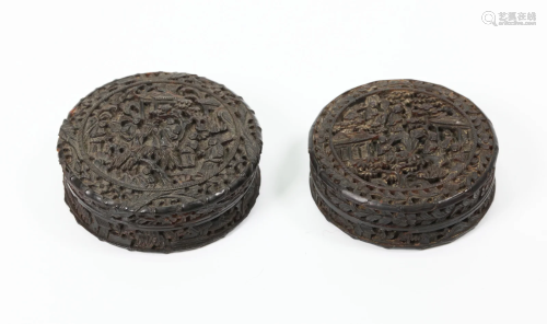 2 Chinese 19th C Carved Tortoise Round Snuff Boxes