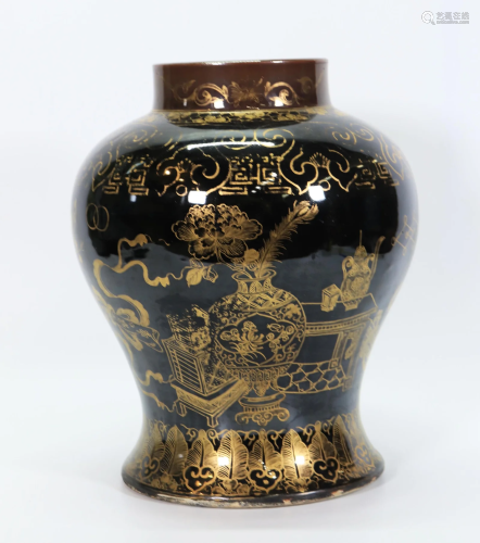 Chinese Gold on Mirror Black Glazed Porcelain Jar