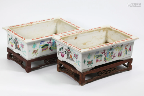 Pr Chinese 19th C Porcelain Planters & Stands