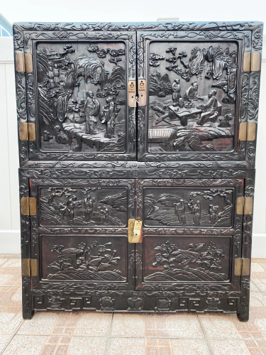 Chinese Carved Hard Wood 4 Door 2 Part Cabinet