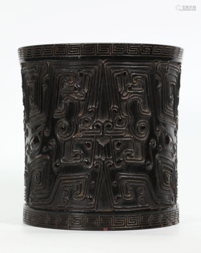 Fine Chinese Carved Black Wood Taotie Brush Pot