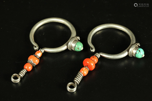 Tibetan Silver, Coral and Turquoise Earrings; 115G