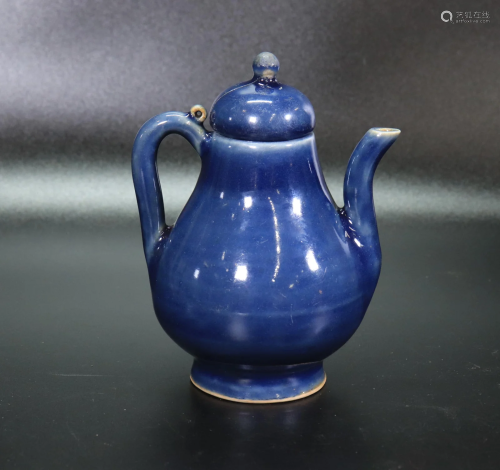 Chinese Qing Monochrome Blue Porcelain Ewer