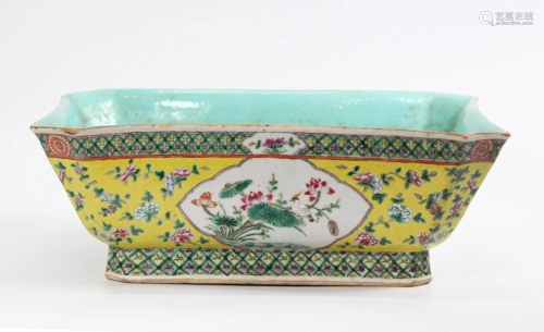 Large Chinese Famille Jaune Porcelain 4 Sided Bowl