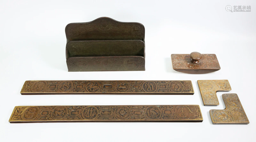 6 pc - Tiffany Studios Zodiac Bronze Part Desk Set