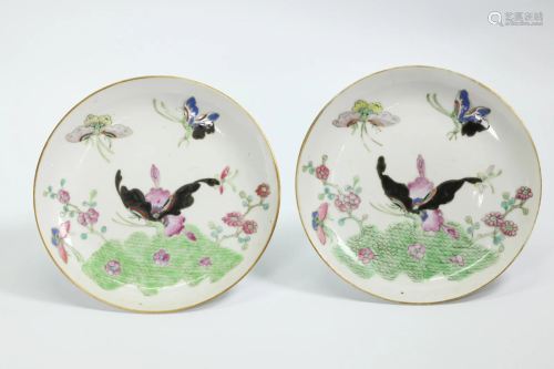 Pr Chinese 19thC Enamel Butterfly Porcelain Plates