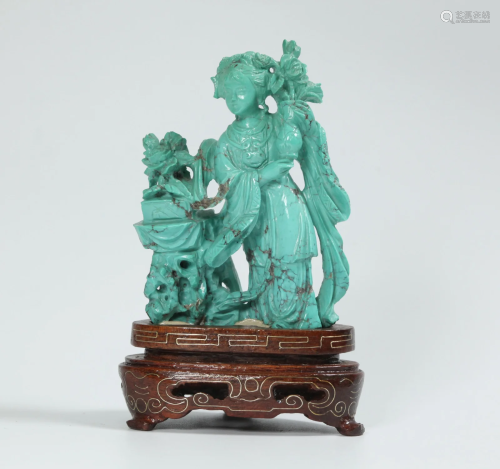 Chinese Carved Turquoise Lady Specimen on Stand