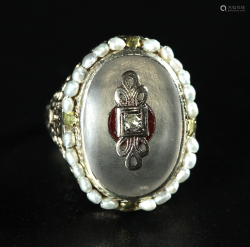 Vintage 14K White Gold, Seed Pearl & Diamond Ring